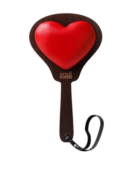 Паддл с мягким сердечком красный из натуральной кожи и дерева - 33 см