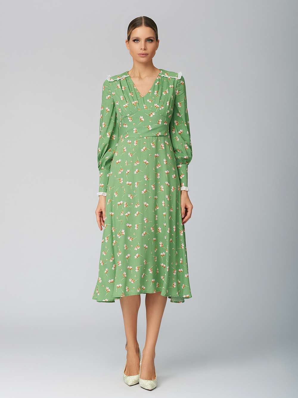 Платье миди с манжетами и отделкой рюши