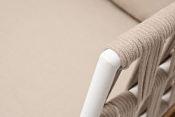 "Диего" диван 2-местный плетеный из роупа, основание дуб, каркас алюминий светло-серый (RAL7035) муар, роуп бежевый круглый, ткань бежевая 052