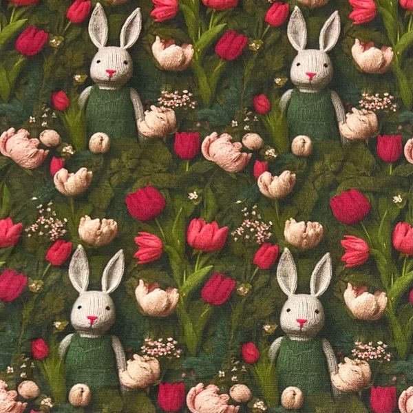 ВЯЗАНЫЙ ЗАЙЧИК С ТЮЛЬПАНАМИ, 100% хлопок 1