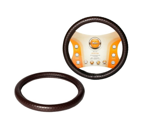 Оплетка руля M 37-38 см иск. кожа с тиснением, коричневая (AIRLINE)