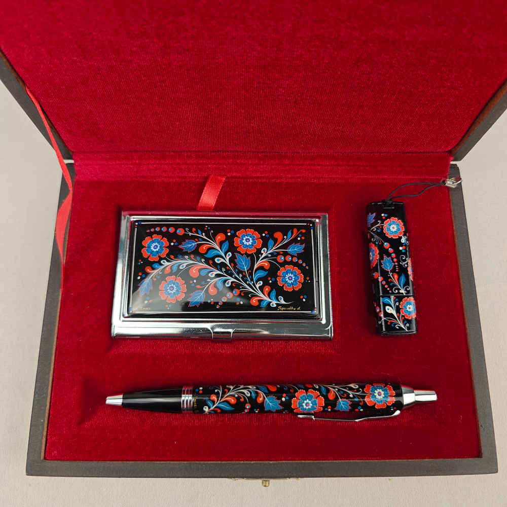 Набор "Цветы России" визитница, флешка и ручка Parker с ручной росписью Палех в футляре