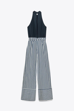 ZARA ДЛИННЫЙ КОМБИНЕЗОН ИЗ ЛЬНА, СИНИЙ/БЕЛЫЙ