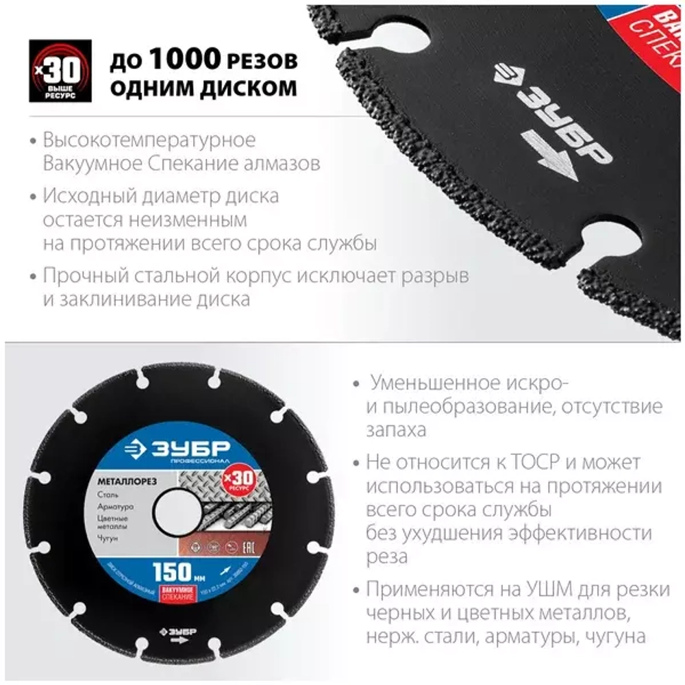 Алмазный отрезной диск по металлу ЗУБР Профессионал Металлорез 150х22 мм 36662-150