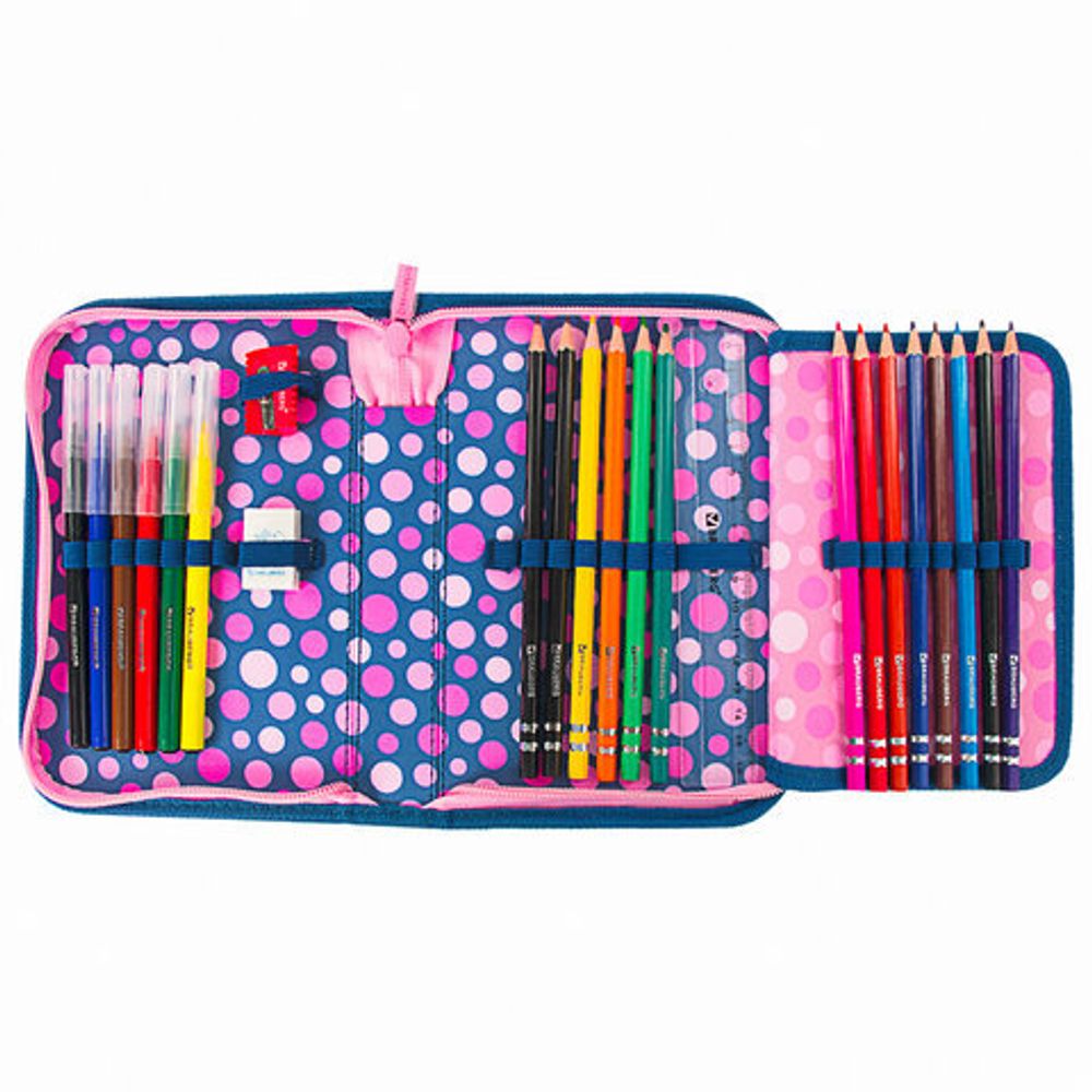 Пенал с наполнением BRAUBERG, 1 отделение, 1 откидная планка, полиэстер, 24 предмета, 21х14 см, "Friendly kittens", 270317