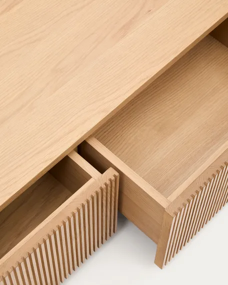 Тумба под ТВ Helvine с 4 ящиками из дубового шпона и закаленного стекла, 200 x 40