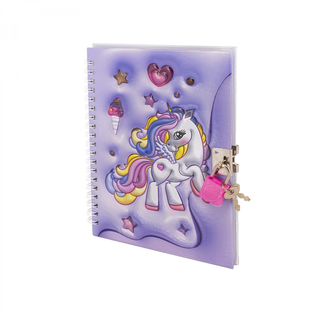 Блокнот 13,0 см * 18,0 см , гребень, Alingar, ламинация, конгрев, эффект 3D, замочек, 45 л., клетка, "Милый единорог", сиреневый