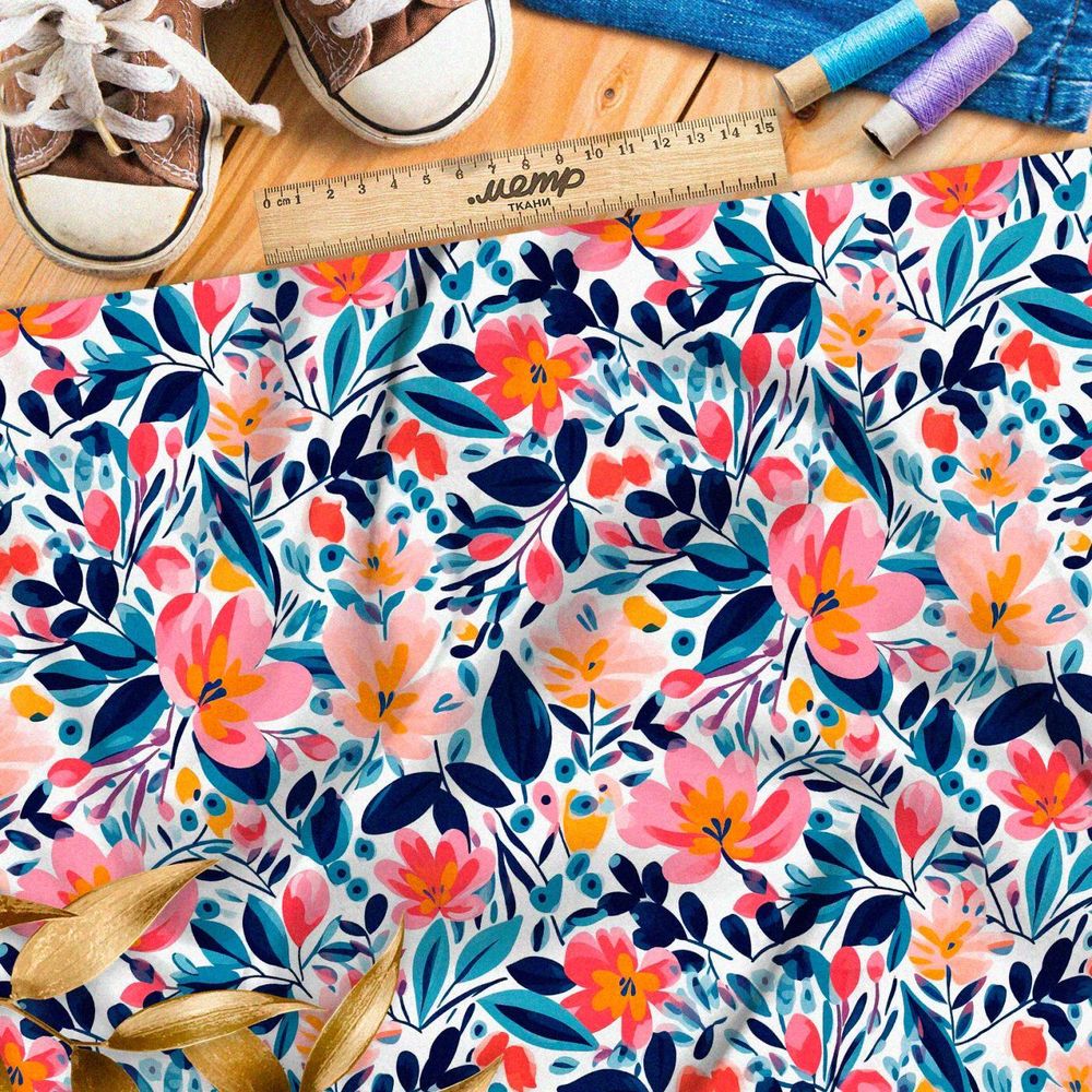 Ткань премиум шелк искусственный Армани эффектная луговая фантазия