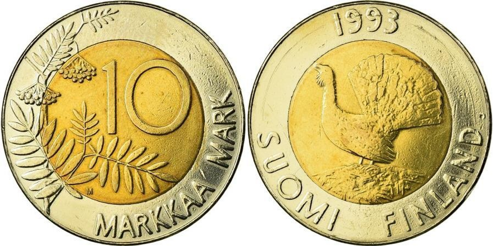 Финляндия 10 марок, 1993-2001 Глухарь XF