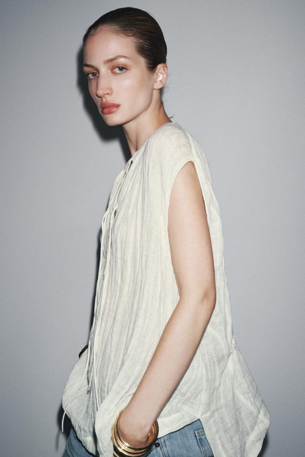 ZARA БЛУЗА С ЗАВЯЗКАМИ ZW, ЖЕЛТОВАТО-БЕЛЫЙ