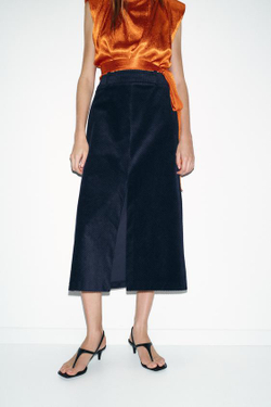 ZARA ПРЯМАЯ ЮБКА МИДИ ИЗ ВЕЛЬВЕТА, МОРСКОЙ СИНИЙ