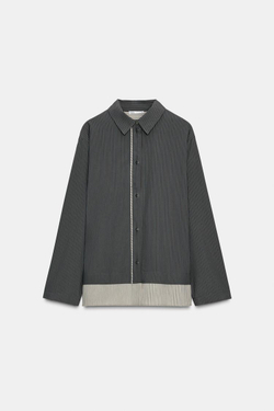 ZARA РУБАШКА В ПОЛОСКУ ИЗ СМЕСОВОЙ ВИСКОЗЫ, ТЕМНЫЙ АНТРАЦИТ