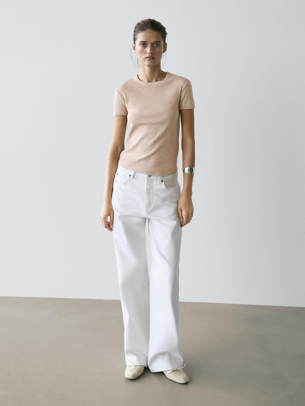 Massimo Dutti Хлопковая футболка, бежевый