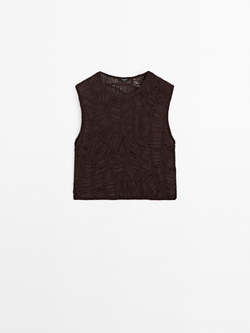 Massimo Dutti Топ из кружева кроше ажурной вязки с цветочным принтом, коричневый