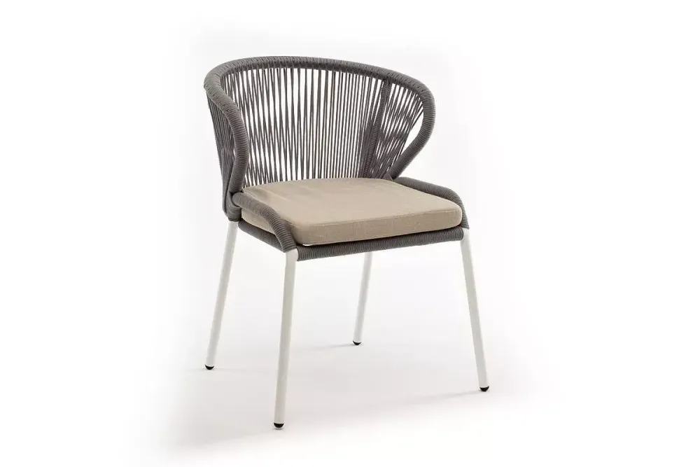 "Милан" стул плетеный из роупа, каркас алюминий белый шагрень, роуп светло-серый круглый, ткань бежевая