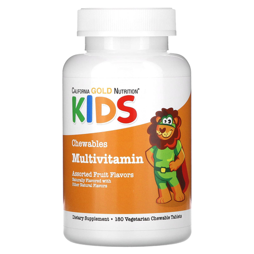 California Gold Nutrition, жевательные мультивитамины с витаминами A, C, E и яблочным порошком для детей, фруктовое ассорти, 180 вегетарианских таблеток