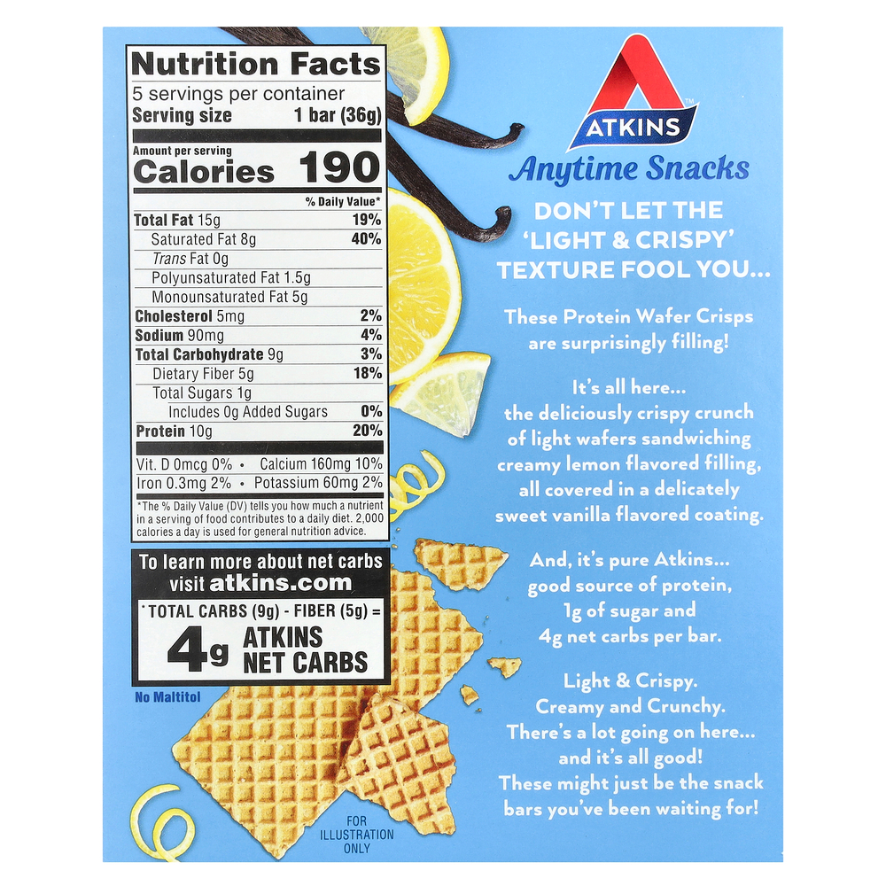 Atkins, Anytime Snacks, протеиновые вафли, лимонный крем, 5 батончиков, 36 г (1,27 унции)