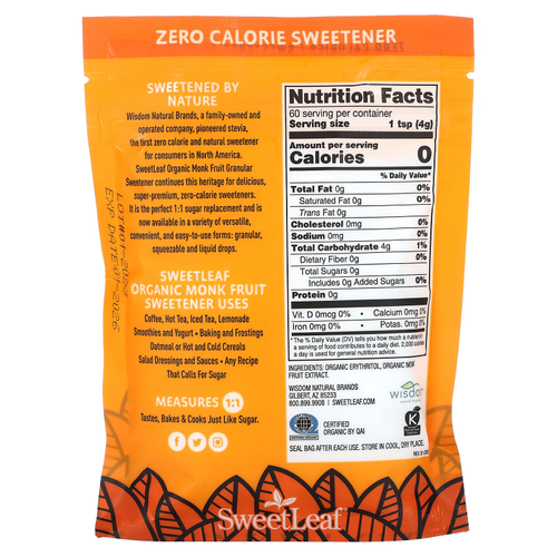 SweetLeaf Stevia, Органический подсластитель Monk Fruit, гранулированный, 240 г (8,47 унции)