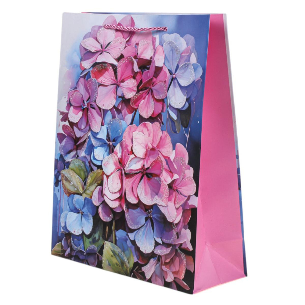 Пакет подарочный "Гортензия" 25*32*11см,глитт,ручки-шнурок,4 диз.микс