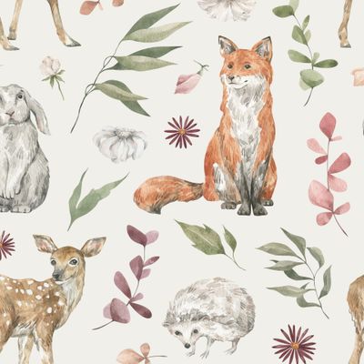 Животные леса, олень, лиса, еж, кролик, листья