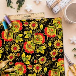 Ткань шелк Армани крупная плотная хохлома из цветов на чёрном фоне