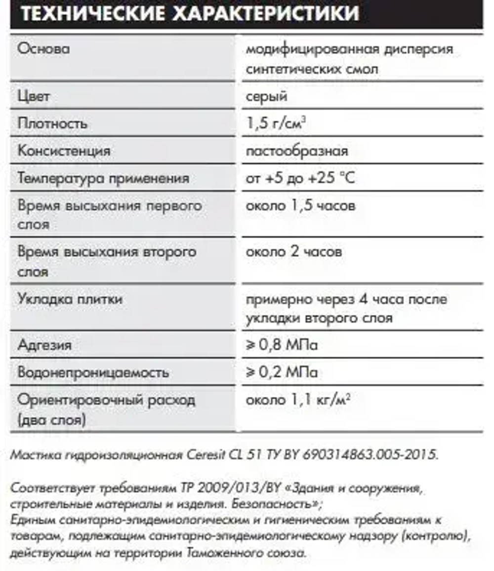 Гидроизоляция для ванной (душа), эластичная полимерная мастика Ceresit (Церезит) CL 51, 15 кг