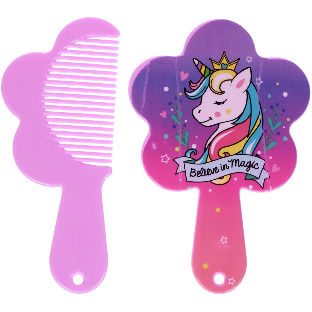 Расческа с зеркалом в наборе детские «МИМИШКИ», единорог, цвет розово-фиолетовый, 11см