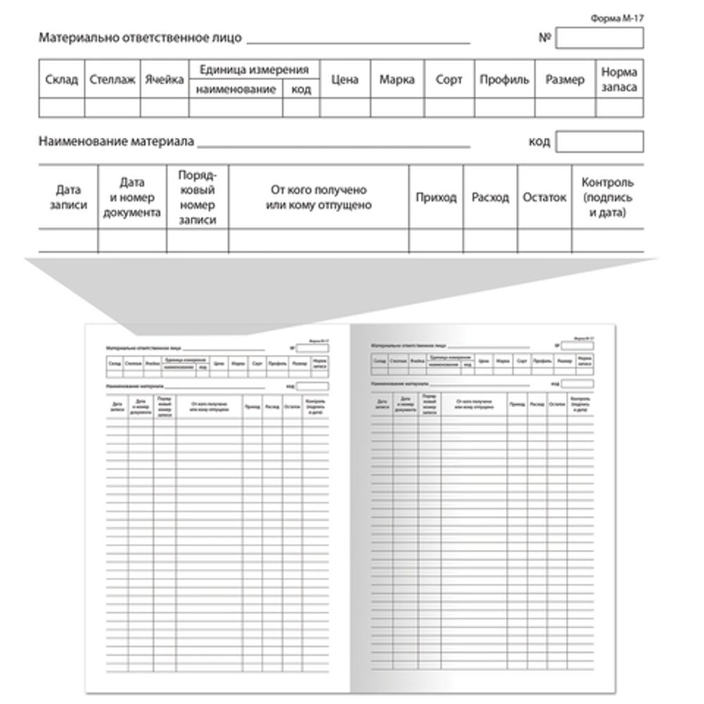 Книга складского учета материалов форма М-17, 48 л., картон, блок офсет, А4 (200х290 мм), STAFF, 130191