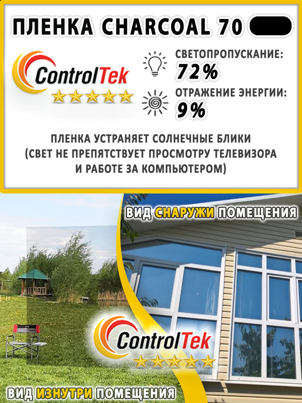 Пленка солнцезащитная тонировочная CHARCOAL 70 ControlTek, (на отрез)