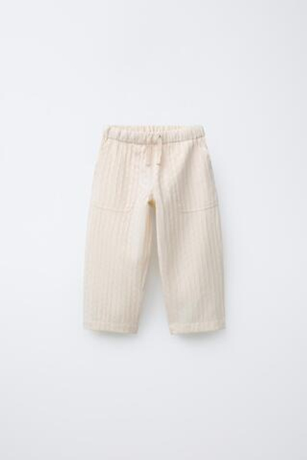 ZARA БРЮКИ ПРЯМОГО КРОЯ С ВЫШИВКОЙ, ЭКРЮ