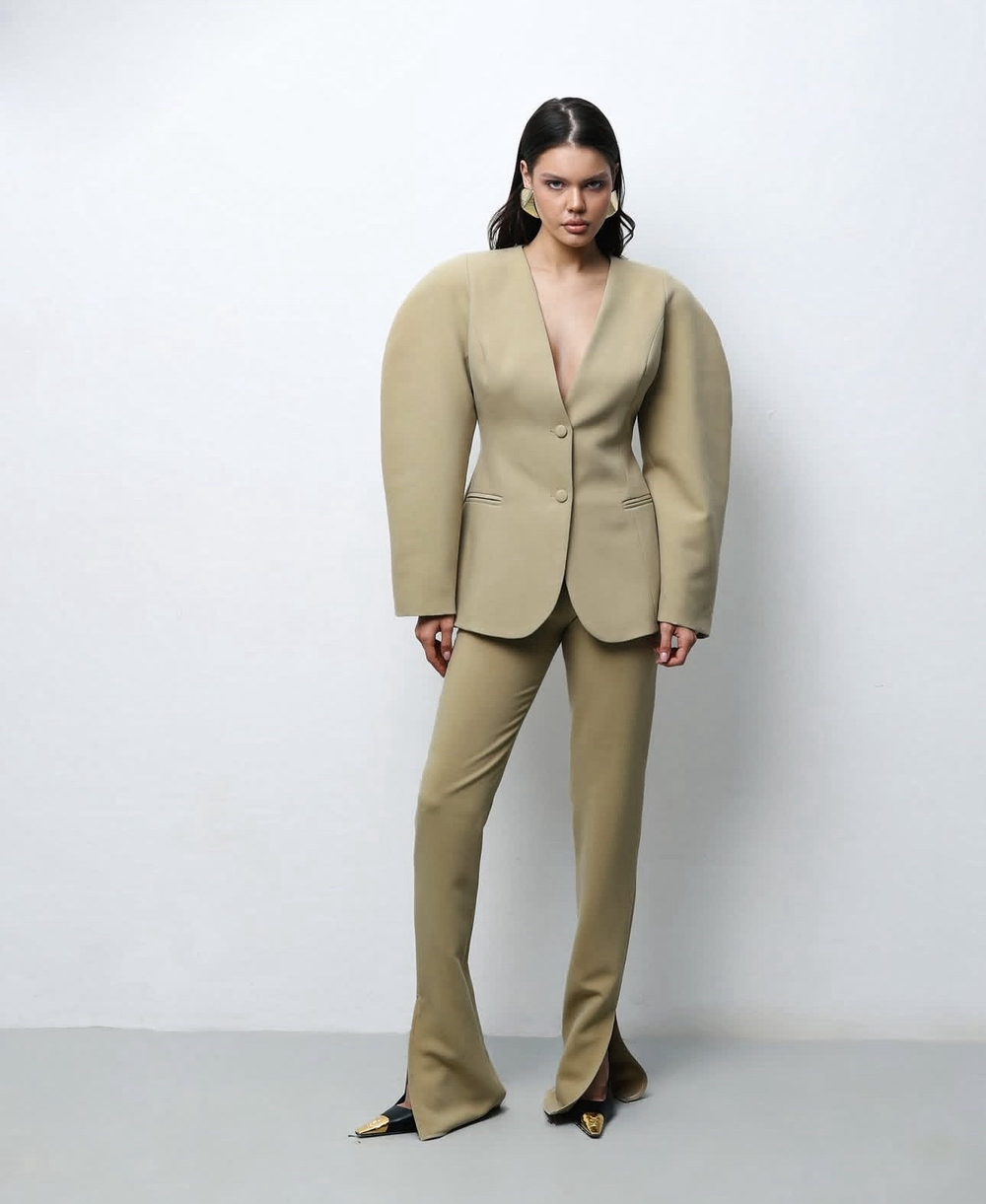 Пиджак с объемными рукавами олива