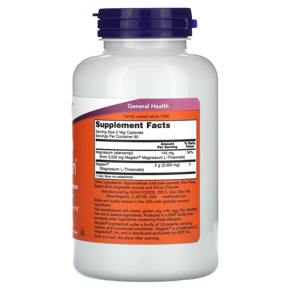 NOW Foods, Magtein®, L-треонат магния, 180 вегетарианских капсул