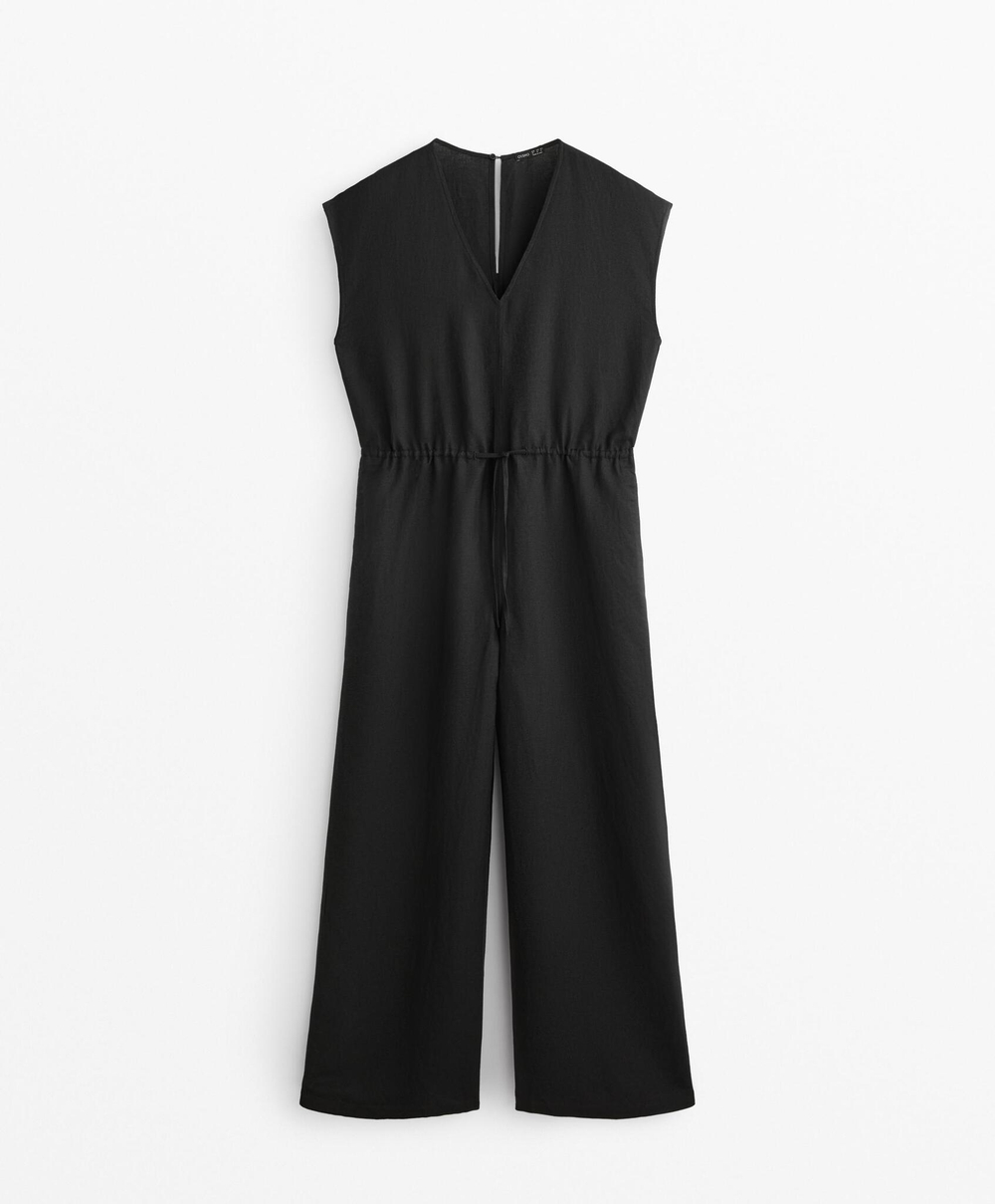 Oysho Длинный комбинезон из льна с рюшами на талии, черный