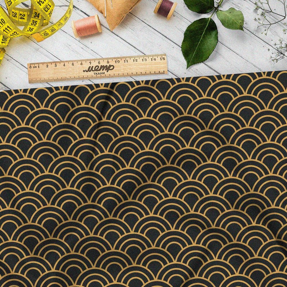 Ткань оксфорд 600 золотые волны на чёрном