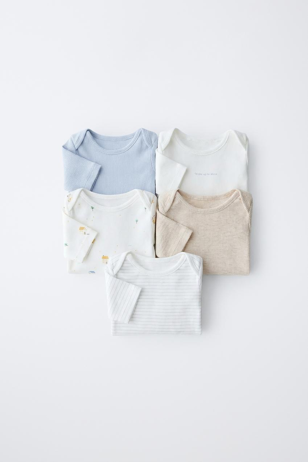 ZARA НАБОР БОДИ С ПРИНТОМ (5 ШТ.), ЭКРЮ/СИНИЙ