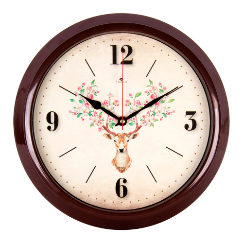 Часы настенные РУБИН  3024-010 круг d=30см, корпус коричневый "Олень в цветах"