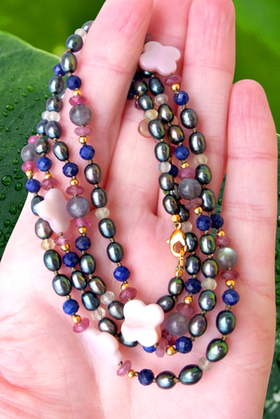 Бусы Ночная Фиалка, лазурит, лабрадор, жемчуг, фурнитура с премиальным золочением