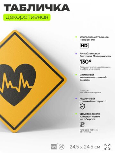 Табличка декоративная "Сердцебиение" на дверь и стену, для кардиолога, информационная, декоративный знак, 24,5х24,5 см, пластиковая, Айдентика Технолоджи