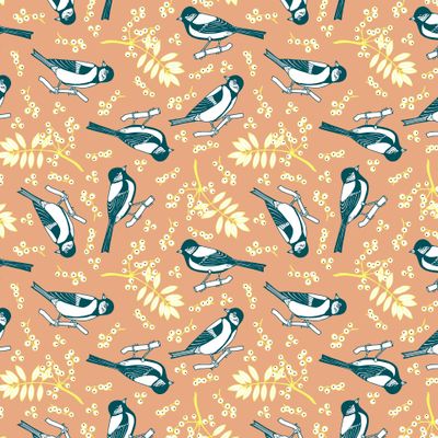 Tit birds seamless pattern. Rowan branch.
