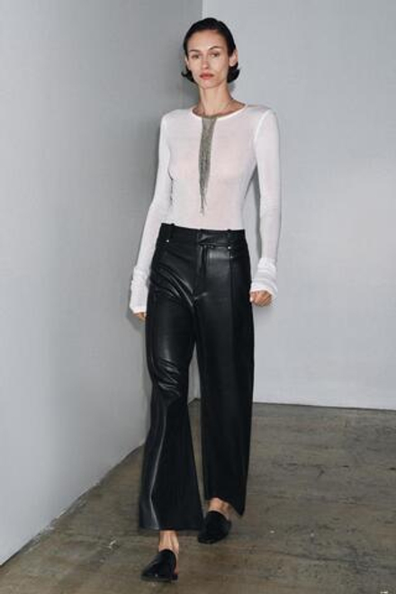 ZARA БРЮКИ ПРЯМОГО КРОЯ WIDE LEG ИЗ ИСКУССТВЕННОЙ КОЖИ ZW COLLECTION, ЧЕРНЫЙ