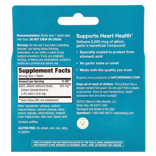 Nature's Way, Garlinase® 5000, экстракт чеснока, 320 мг, 30 веганских таблеток с кишечнорастворимой оболочкой