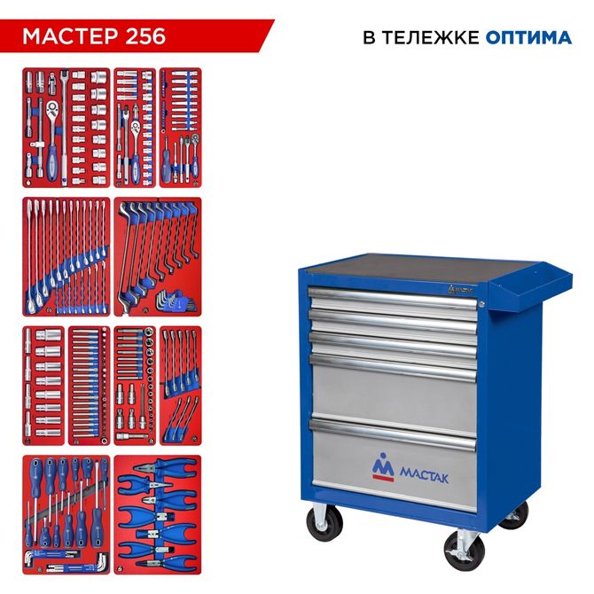 МАСТАК (52-05256B) Набор инструментов 256 предметов, "МАСТЕР 256", в синей тележке