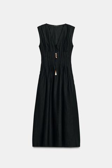 ZARA ЛЬНЯНОЕ ПЛАТЬЕ МИДИ С ДЕКОРАТИВНЫМИ ЗАЩИПАМИ, ЧЕРНЫЙ