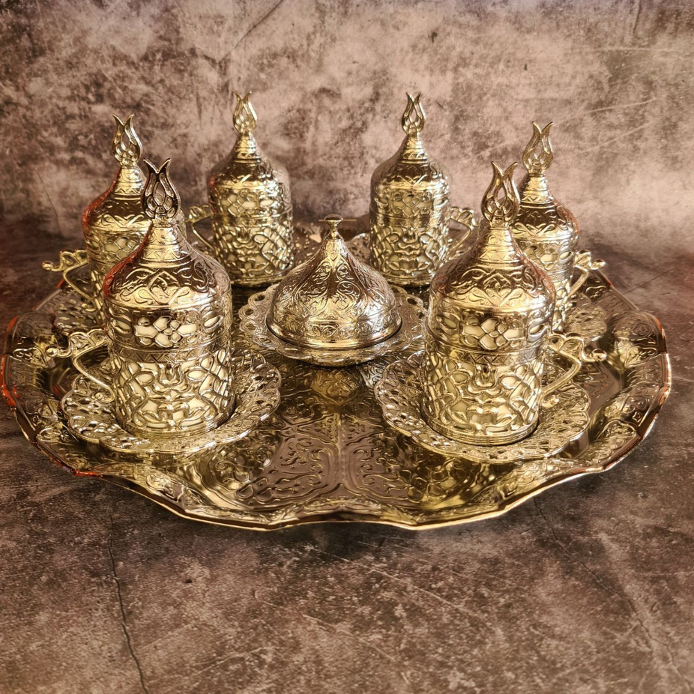 Кофейный набор "Тюльпан" на 6 персон с подносом/ACAR. Турция (серебристый 27 предметов)