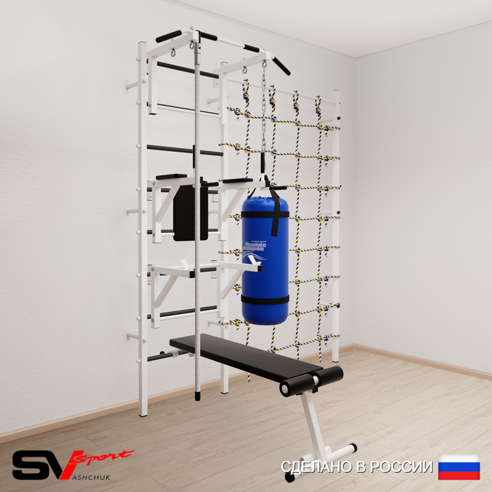 Шведская стенка Sv Sport 59020 (Турник стандарт/Брусья/Стойка/Скамья/Канат/Цепь/Мешок 22кг/Канатный лаз)