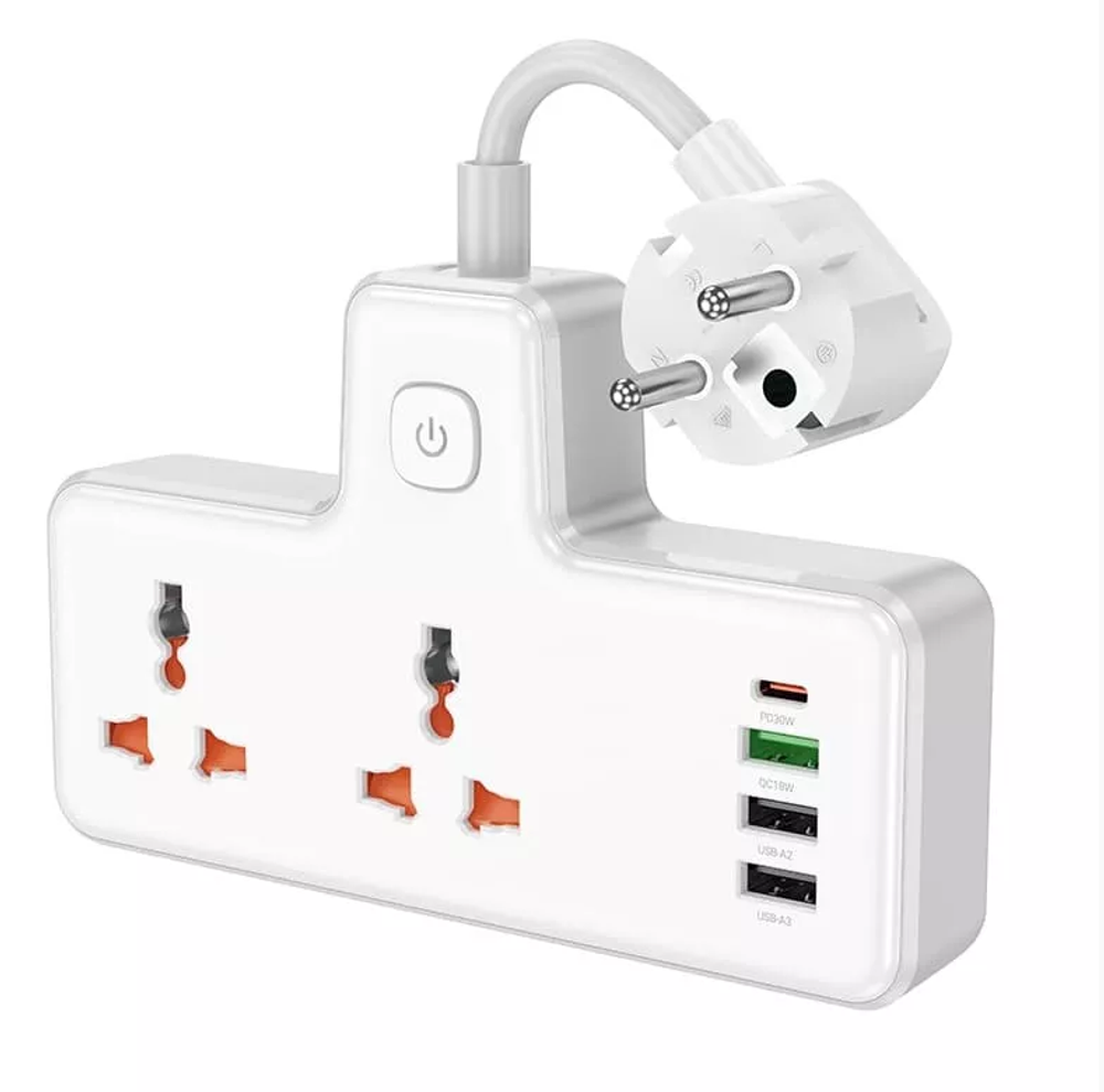 Переходник HOCO AC12A на 2 розетки + 3 USB + Type-C PD30W (белый)