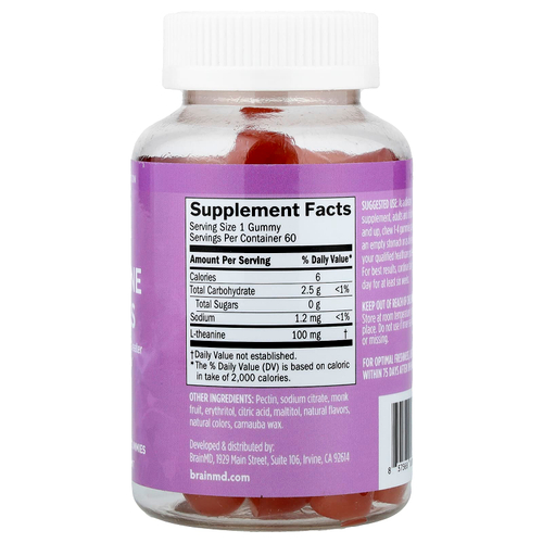 BrainMD, Жевательные мармеладки с L-теанином, ягодные, 60 веганских жевательных мармеладок (100 мг в 1 жевательной мармеладке)