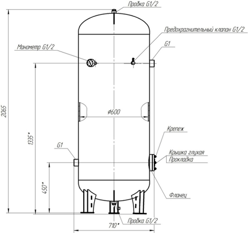 Ресивер для компрессора РВ 500-02/10 из нержавейки вертикальный