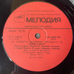 Винтажная виниловая пластинка LP Владимир Высоцкий Песня О Друге (СССР 1988) На Концертах Владимира Высоцкого
