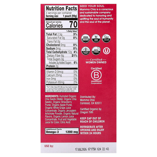 Mamma Chia, Organic Chia Prebiotic Squeeze Snack, клубничный лимонад, 4 пакетика, 99 г (3,5 унции)